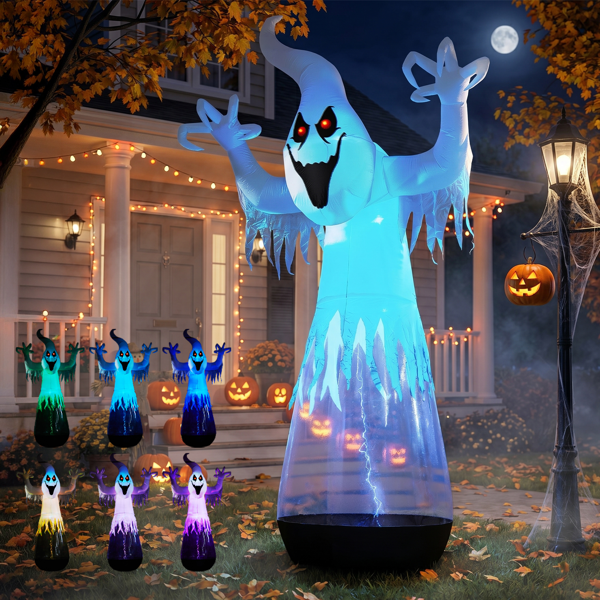 COTINSE 12 FT Halloween Inflatable Ghost with 2 LED Lights & Stage Light, Giant Clear PVC Blow Up Yard Decoration, Black & White