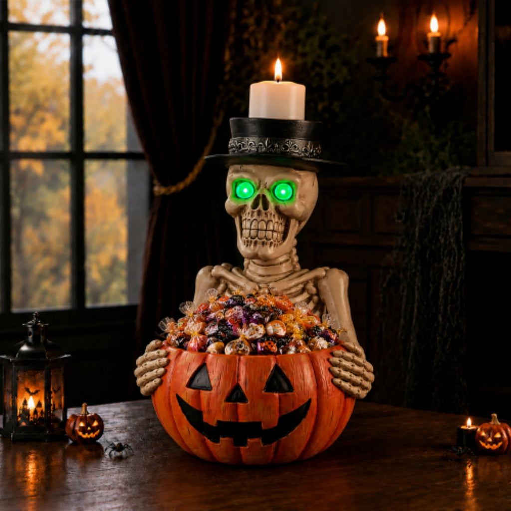 Halloween Skeleton Butler Floor Statue with Serving Tray & Realistic Black Cat, 35.43 Inch Gothic Resin Standing Decor for Entryway, Porch, Living Room, Halloween Party Home Decoration