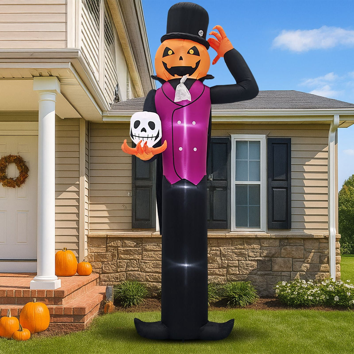 12FT Halloween Inflatable Pumpkin Man Holding Skull Outdoor Decor with Built-in LED Lights Waterproof Polyester Blow Up Yard Ornament