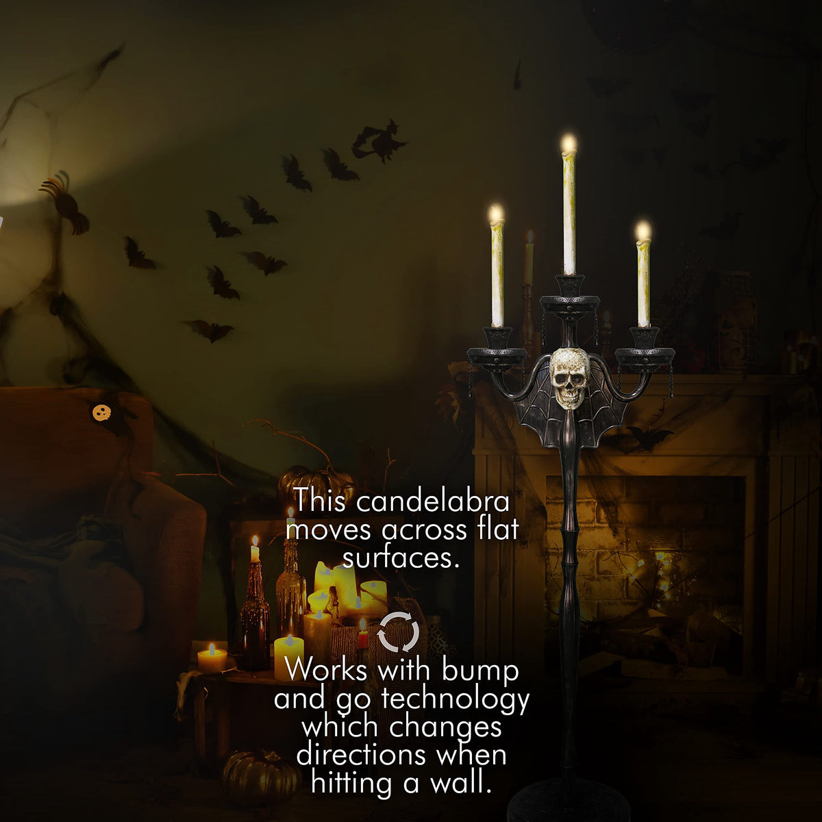 Skeleteen Animated Halloween Candelabra Decoration - Creepy Gothic Haunted Mansion Black Skull Floating Candle Holder Party Decorations Prop