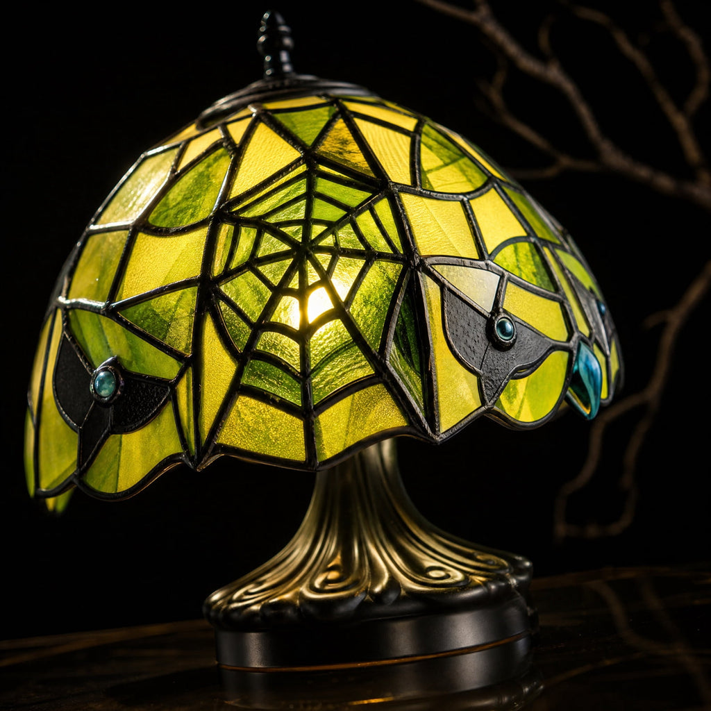 Vintage Style Glass Spiderweb Halloween Lamp, 8" Handmade Spiderweb Pattern Gothic Resin Desk Light, Halloween Decorations Indoor for Bedroom, Living Room, Office (Green)