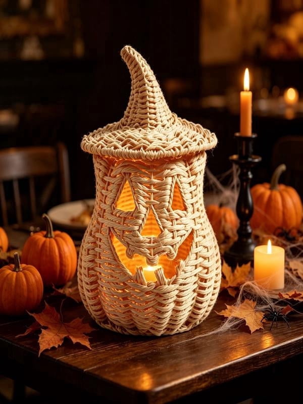 Lighted Halloween Table Centerpiece, Witch Hat Pumpkin Lamp, Black Woven Rattan Halloween Decor Indoor, Glowing Tabletop Decoration for Party Home