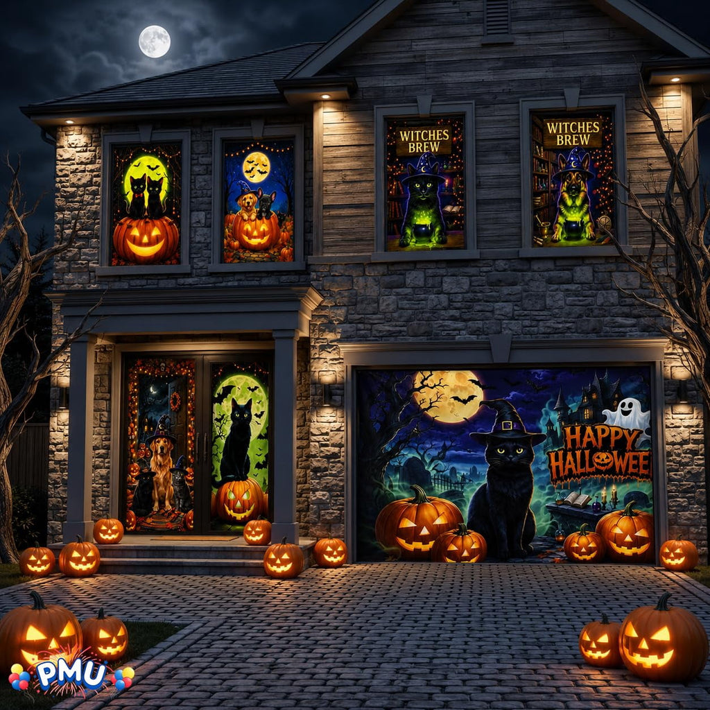 PMU 7-Piece Halloween Garage Door Cover Set, 16 x 7 ft, Skeleton Window & Door Decorations