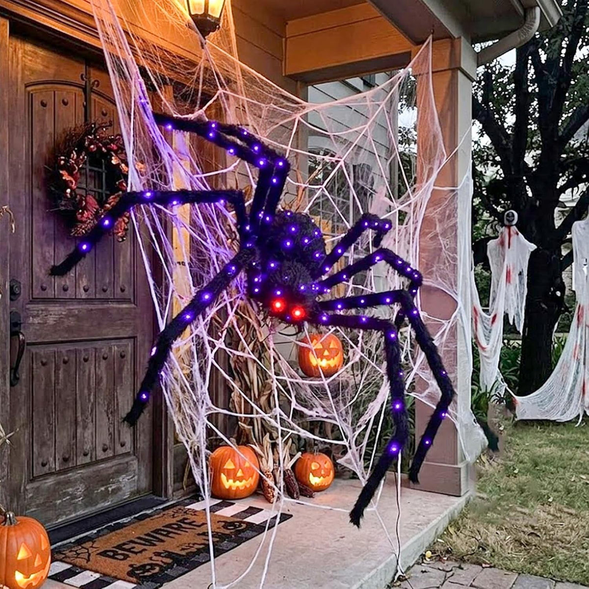 Halloween Decorations Outdoor Giant Spider Light Up Spider 4.3Ft Lighted Large Spider with 6 Modes and 100 LED Purple Lights, Black Spooky Spider for Yard Lawn Garden Patio Outside Decor