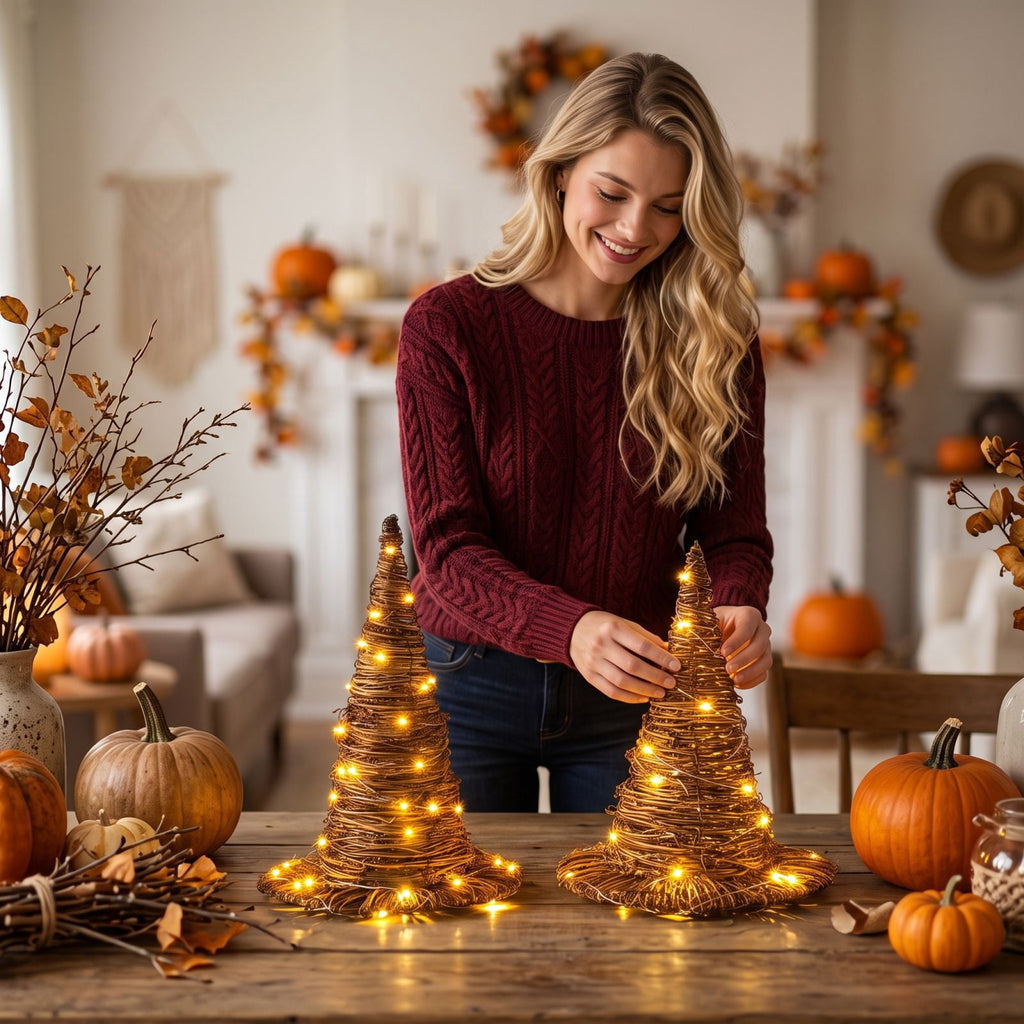 Lighted Rattan Witch Hat Set Halloween Decor, Hand Woven Wizard Hats with Warm LED Lights, Spooky Tabletop Centerpieces for Home Party & Fall Harvest Display (11.8" & 9.8")
