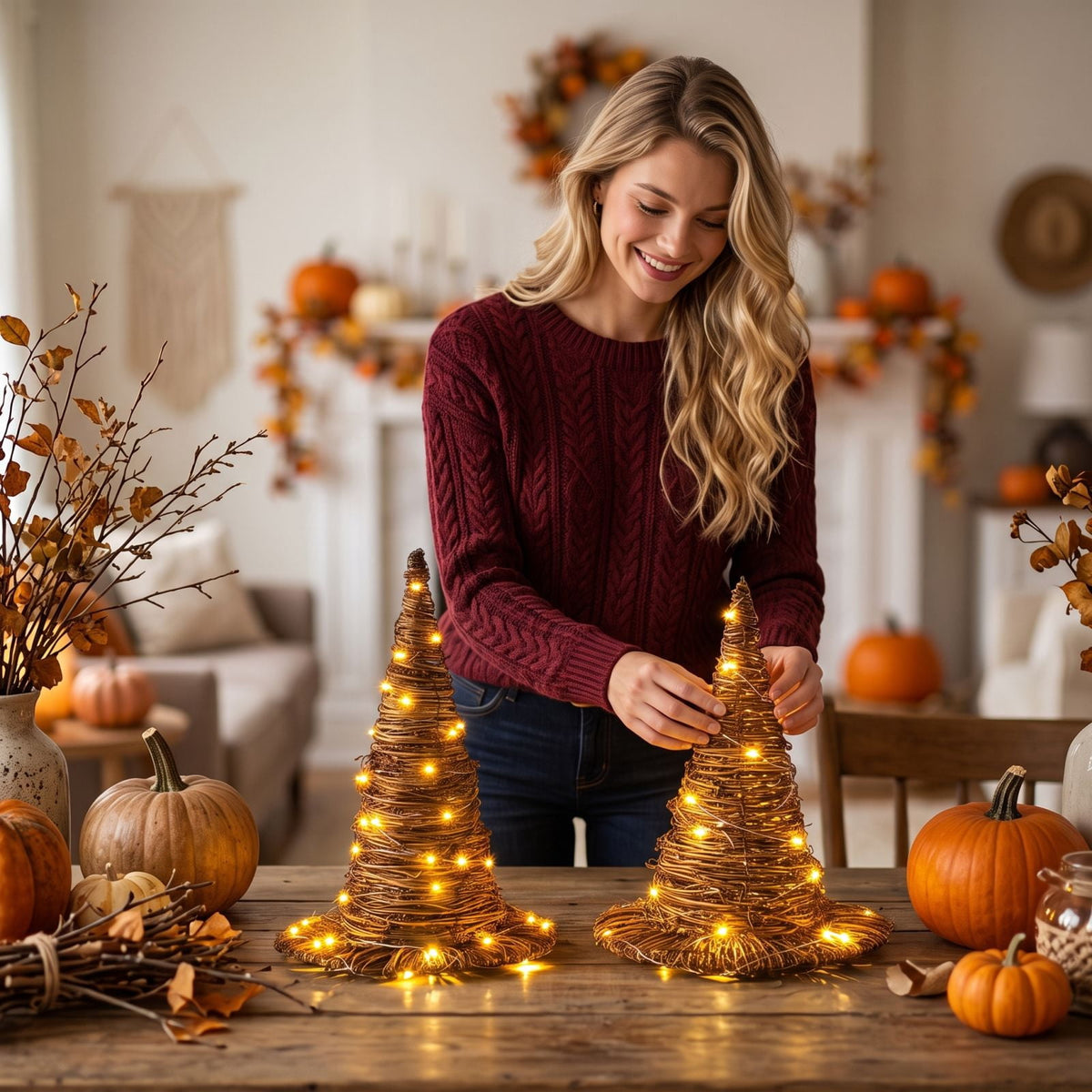 Lighted Rattan Witch Hat Set Halloween Decor, Hand Woven Wizard Hats with Warm LED Lights, Spooky Tabletop Centerpieces for Home Party & Fall Harvest Display (11.8" & 9.8")