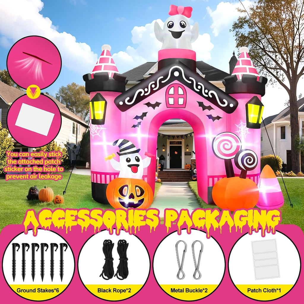 Kalolary 11 FT Halloween Inflatables Ghost Archway Outdoor Decorations, Pink Castle Arch Blow Up Decorations Scary Inflatable with Build-in Lights for Yard Garden Lawn Outdoor Decor