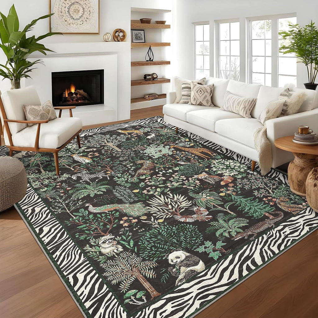 Large Jungle Animal Living Room Rug 10x13 Washable Forest Indoor Rugs for Bedroom Non Slip Foldable Low Pile Modern Floor Mat Stain-Resistant Neutral Carpet for Kids Playroom Dorm Nursery Black