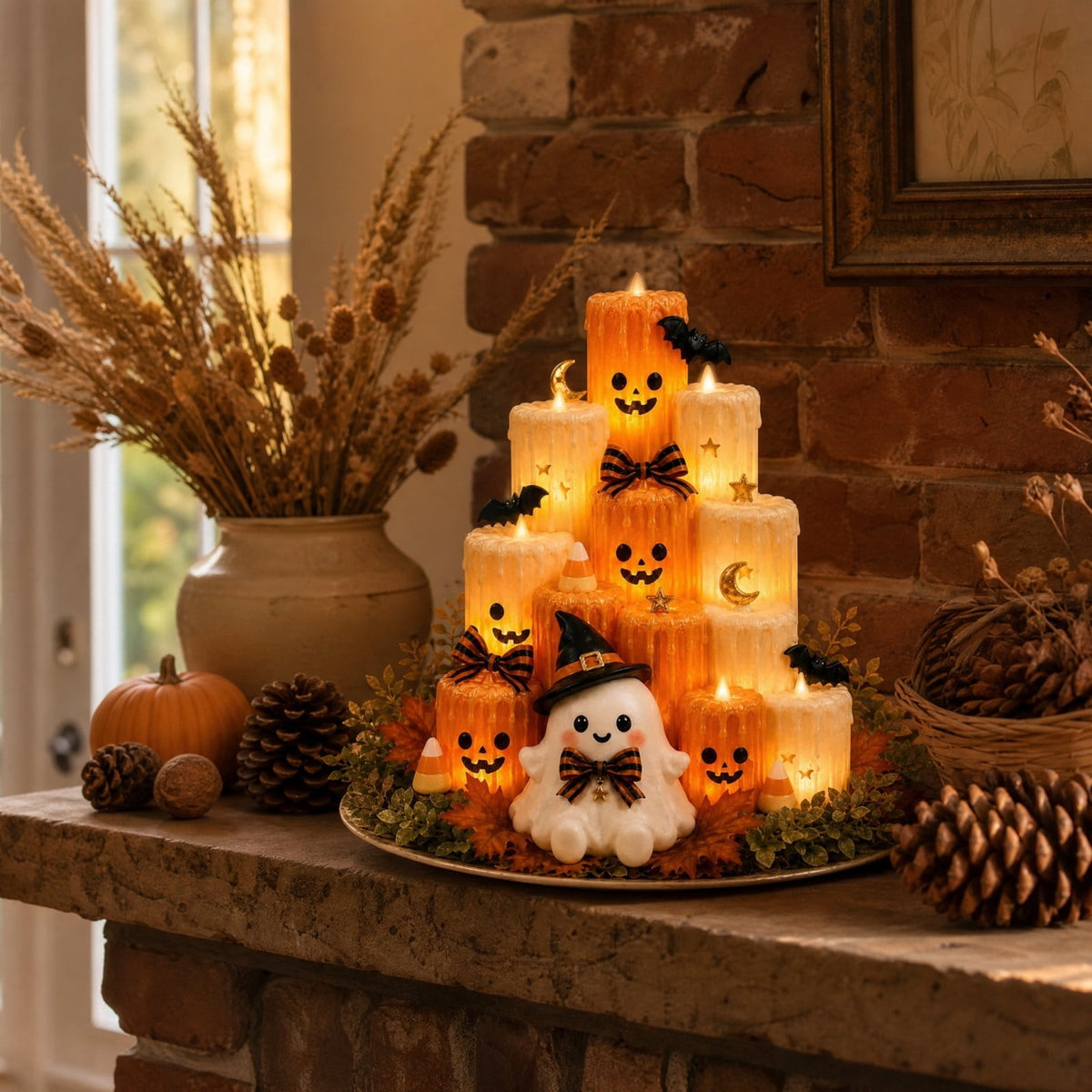 Gaecuw Halloween Ghost Pumpkin LED Candle 3D Printed Tiered Tabletop Decor for Spooky Mantel, Thanksgiving Centerpiece, Flickering Glow, Multicolor