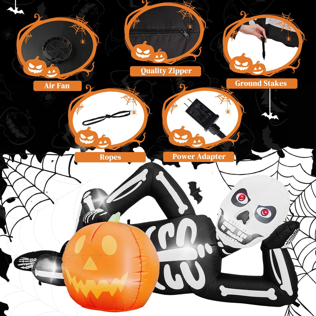 7ft Inflatable Halloween Lying Skeleton with 7 LED Lights Black and White Decor for Lawn
