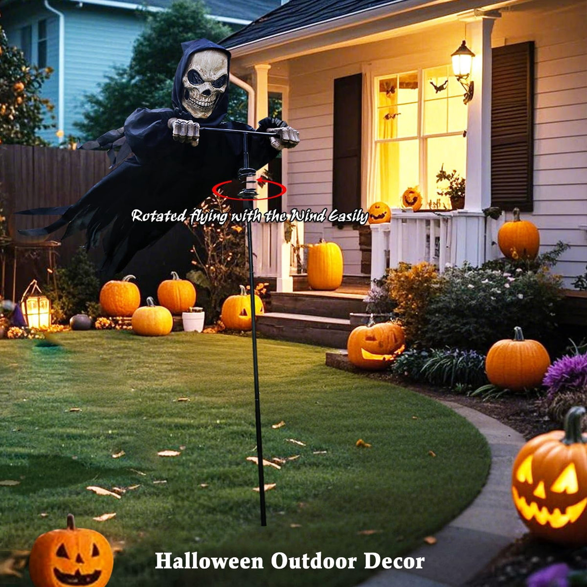 6.9FT Skeleton Outdoor Halloween Decoration, Flying Reaper Ghost Scarecrow for Garden, Porch & Yard, Rotated Skull Spooky Prop for Haunted House Décor