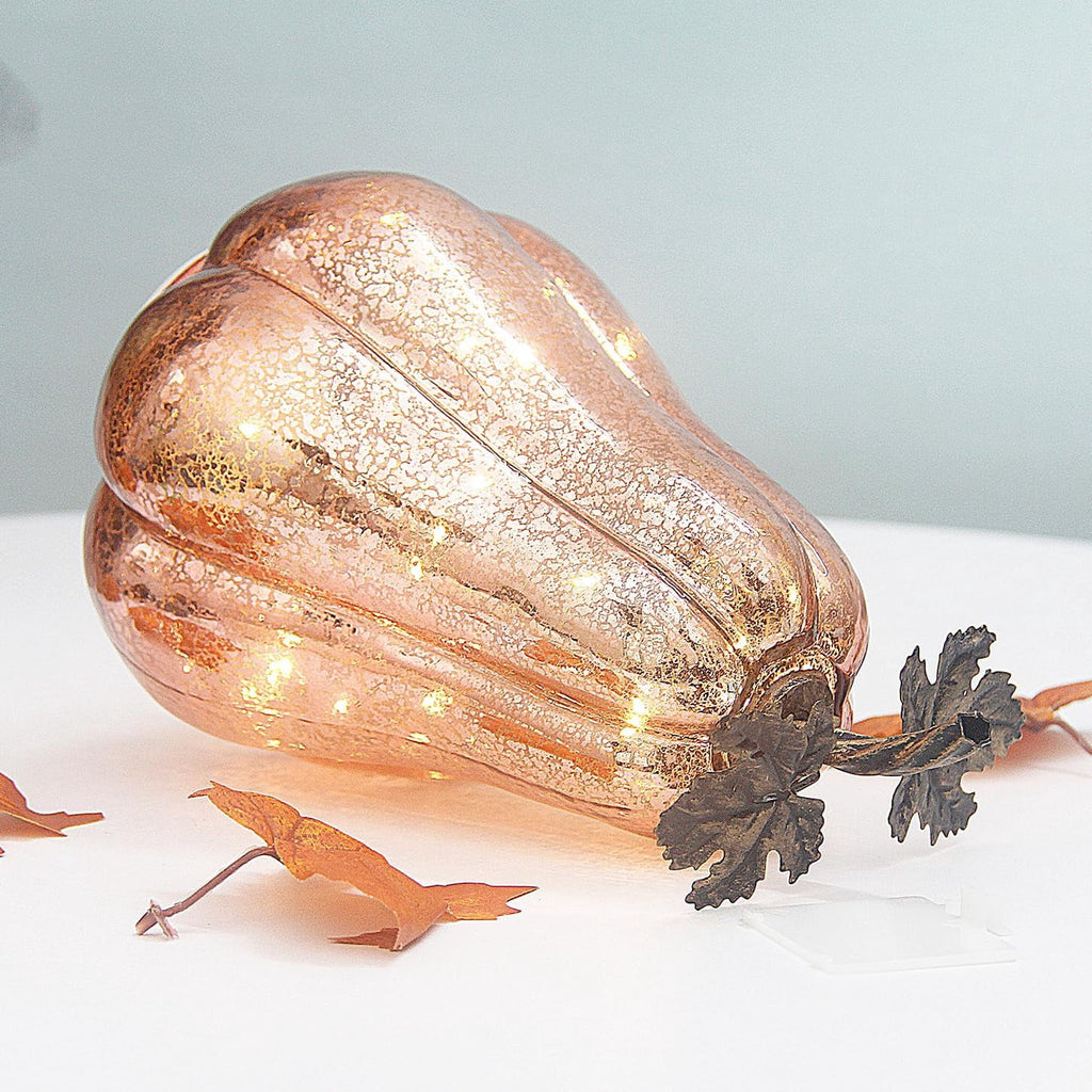 Mercury Glass Pumpkin Lights with Timer, Battery Operated Led Pumpkin Lights for Halloween Fall,Thanksgiving Rustic Decor (Rosegold Leafy, 11")