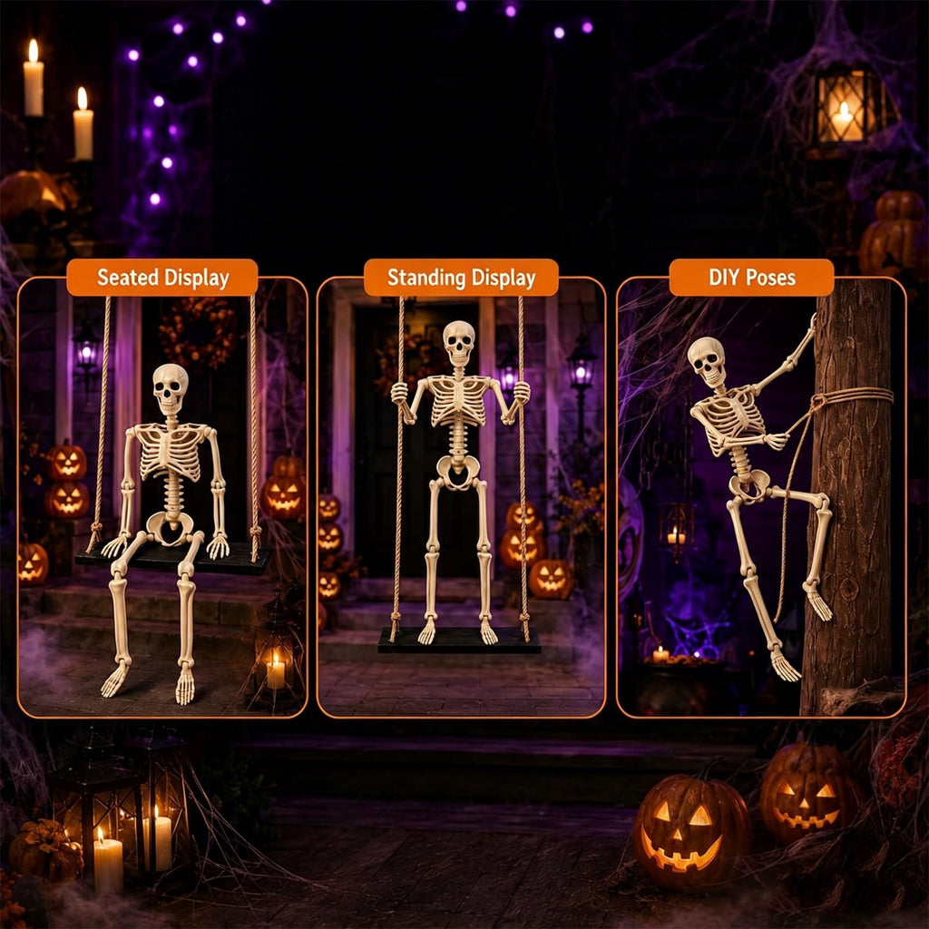 XHKUYI Halloween Swinging Skeleton Decoration 35.4 inch, Hanging Skeleton with Black Wood Base, Spooky Halloween Skeleton Decorations for Yard, Porch, Tree, Party