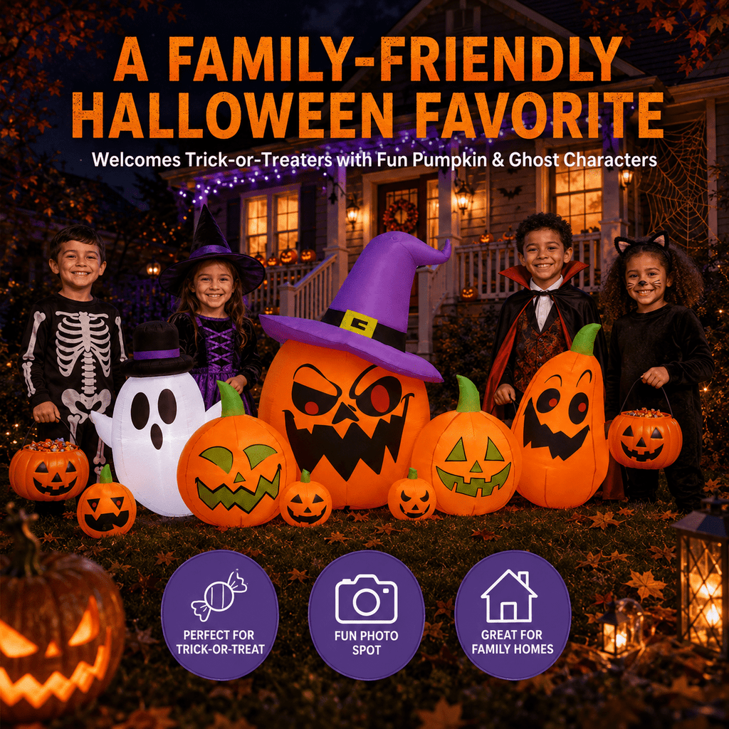 7.9 FT Halloween Inflatable Pumpkin & Ghost Yard Decoration, Pumpkins with Witch Hat, 7 LED Lights, Outdoor Blow Up Decor