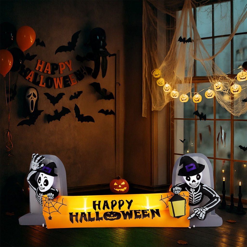 9.6FT Inflatable Skeleton Holding Happy Halloween Banner with LED Lights for Yard Garden Party
