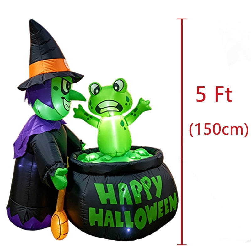 5 Ft Halloween Inflatable Witch and Cauldron Decoration with Green Frog, Inflatable Yard Decor Blow Up with Build-in LEDs Lights for Haunted House Indoor Outdoor Decor,Spooky Witch Cauldron Decor