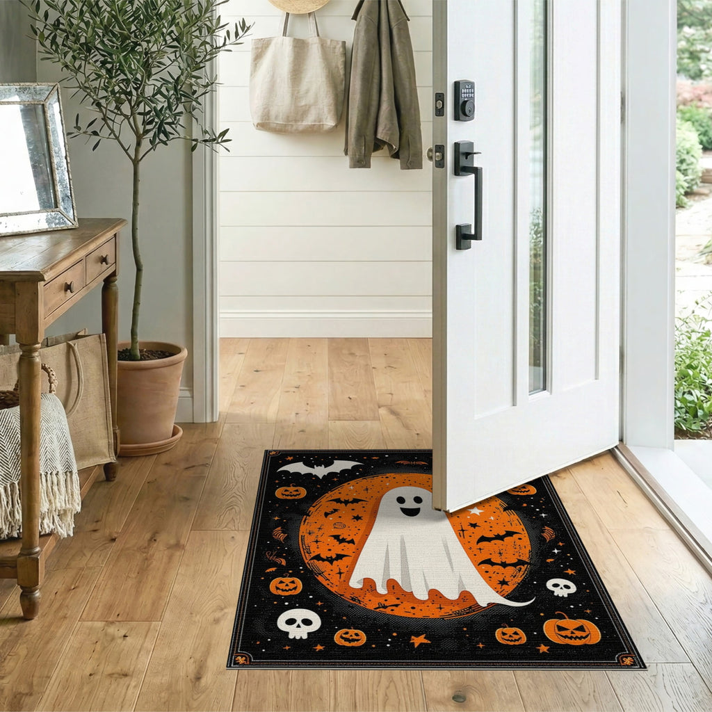 ODIKA Halloween Ghost Pumpkin Bat Skull Welcome Doormat Fiber Door for Dorm Room, Small Living Apartment, Stain Resistant Low Profile