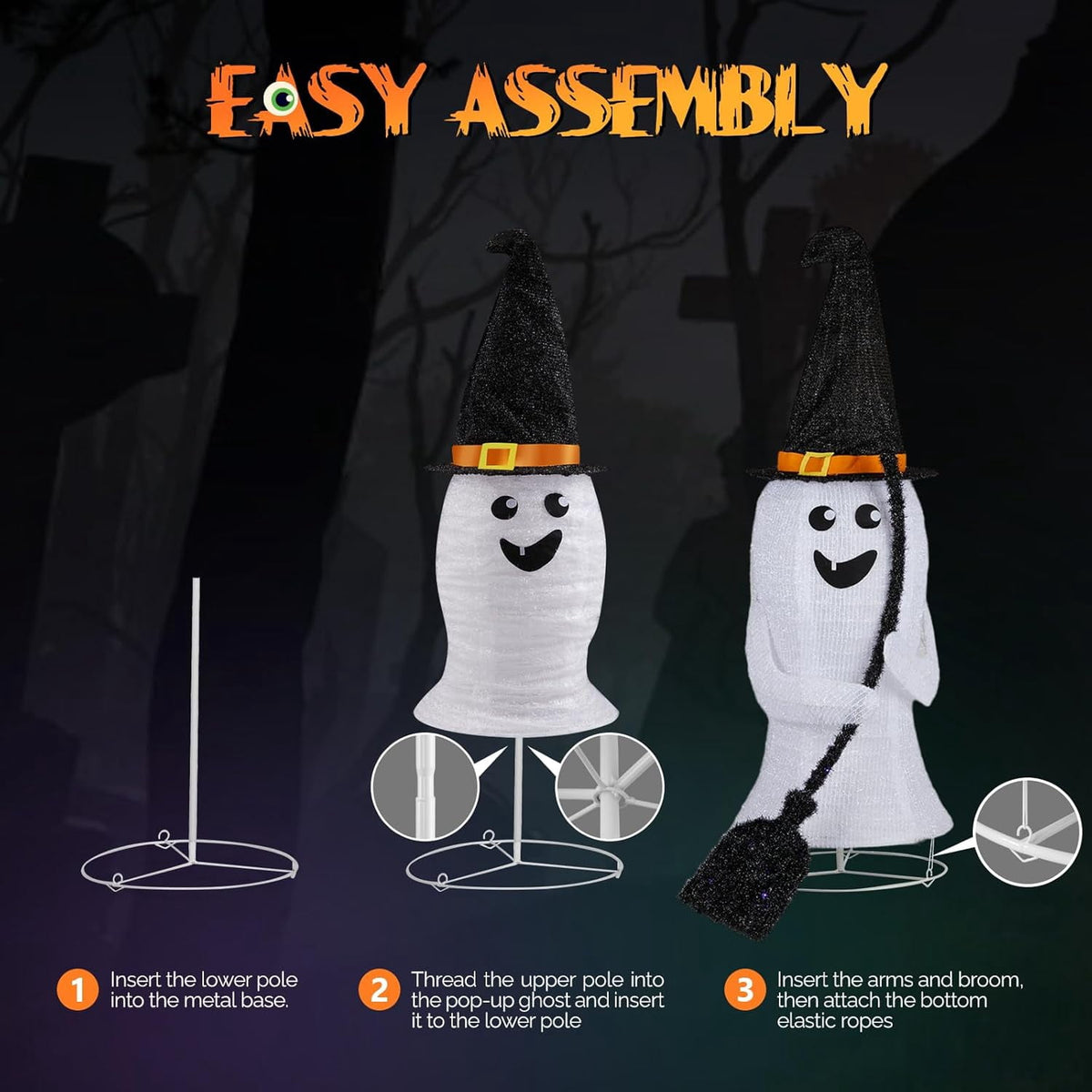 VINGLI 4FT Scary Lighted Halloween Decorations Outdoor, Pop Up Halloween Ghost Decorations, Light Up Ghost Decor with Pre-lit 135 LEDs, Cute Broom, Black Hat for Porch Yard Lawn Patio