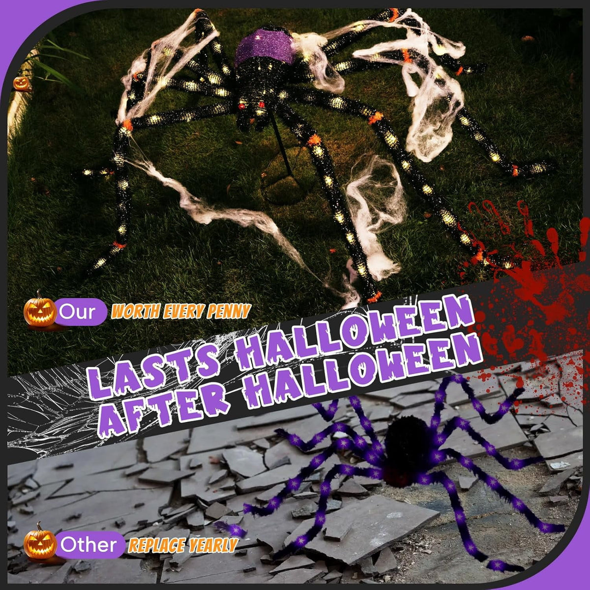 5.5FT Giant Spider Halloween Decorations with 100LED, Pre-Lit Scary Spider