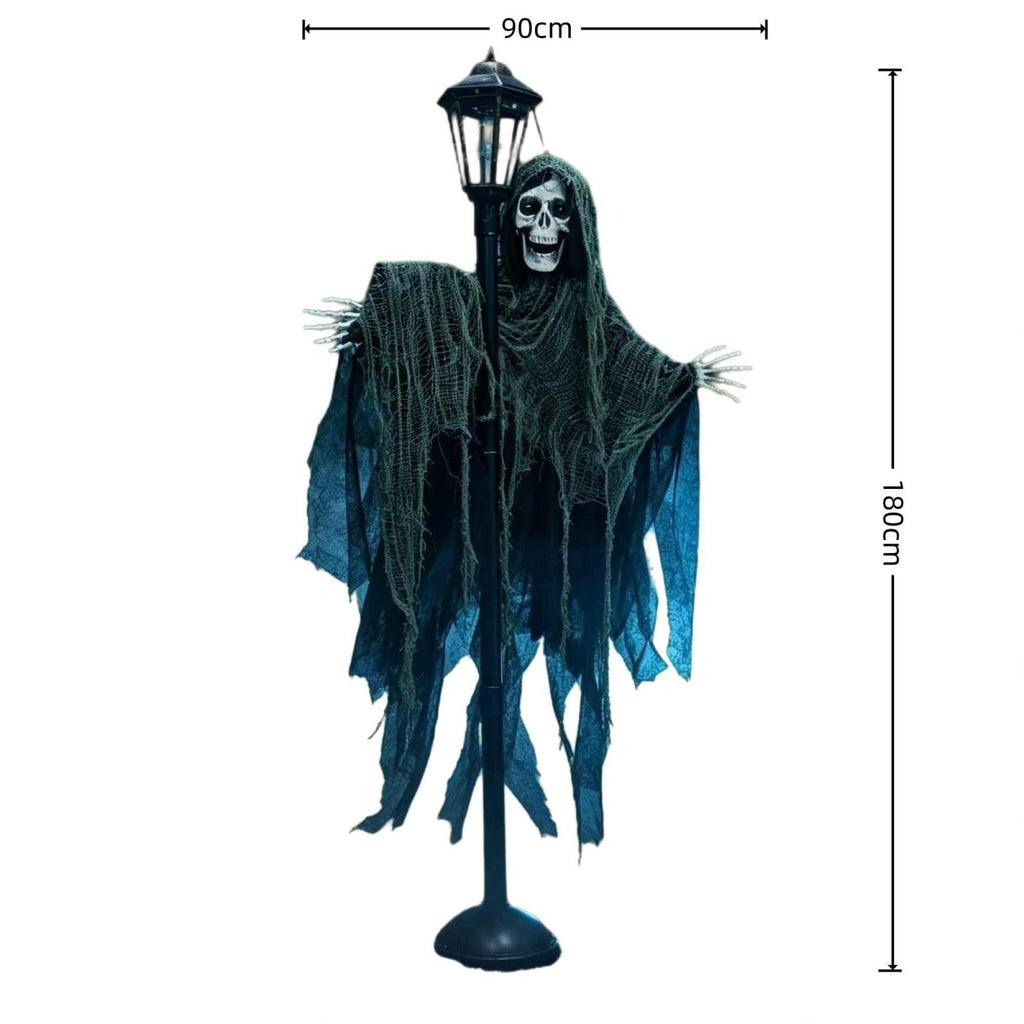 6ft Life Size Halloween Standing Grim Reaper Street Lamp Prop, Light‑Up Eyes Skeleton Ghost with Tattered Robe, Freestanding Outdoor Yard Porch Holiday Decoration