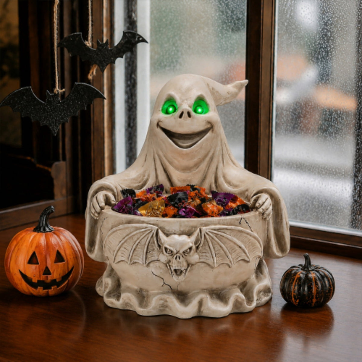 SpookHaven Halloween Jack‑O‑Lantern Pumpkin Mist Sprayer Figurine, LED Light‑Up Fogger with Witch Hat & Skull Decoration, Spooky Ornament for Tabletop Entryway Halloween Party Home Decor