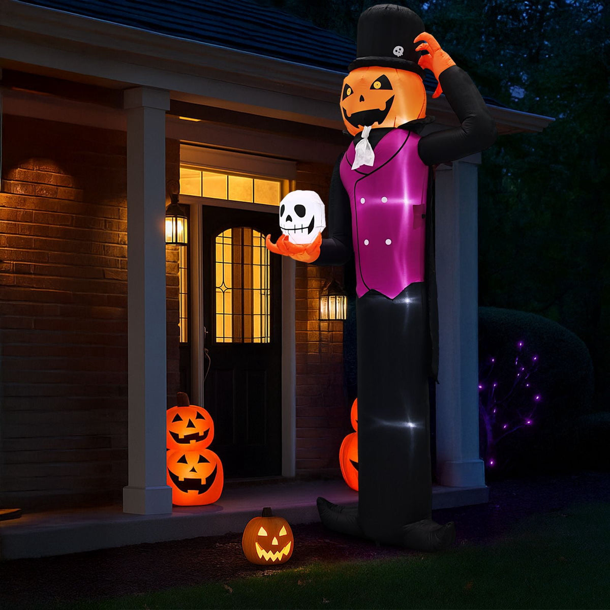 12FT Halloween Inflatable Pumpkin Man Holding Skull Outdoor Decor with Built-in LED Lights Waterproof Polyester Blow Up Yard Ornament