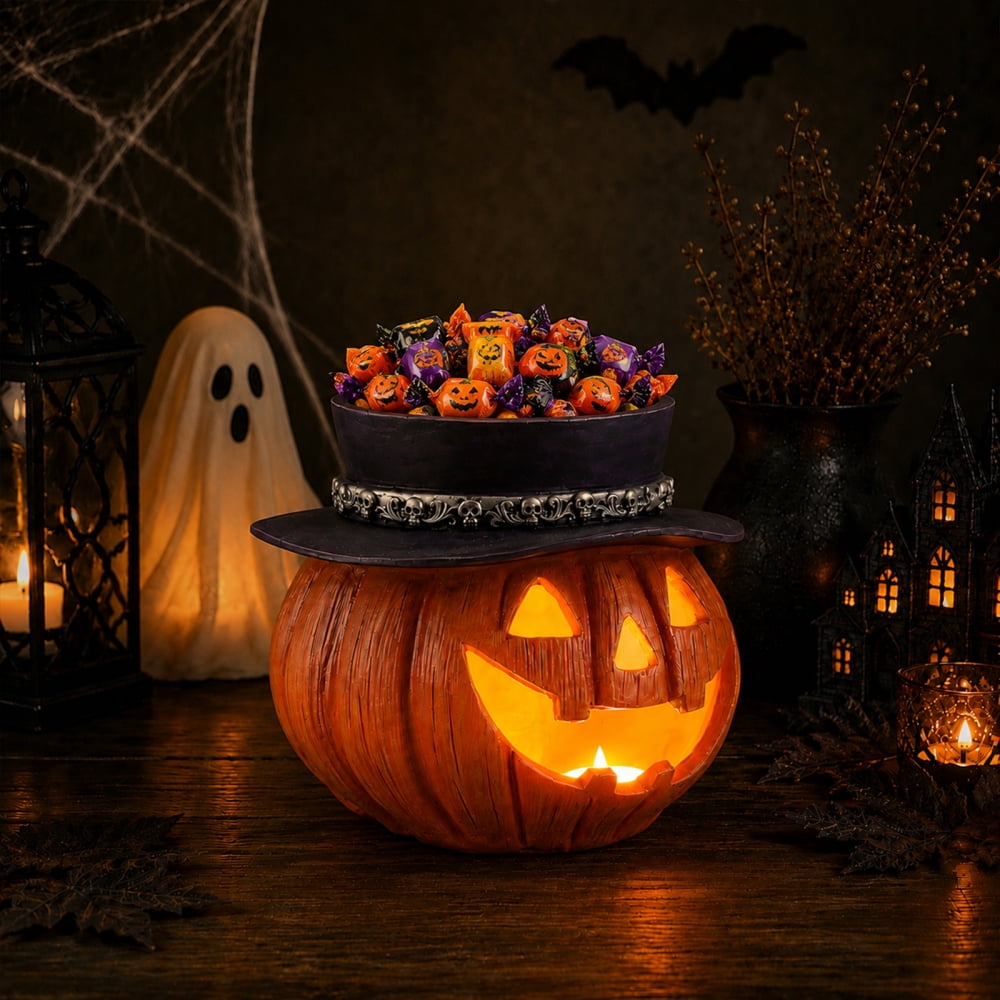 Light Up Pumpkin Candy Bowl with Witch Hat, LED Jack O Lantern Tabletop Decor, Spooky Resin Storage Container for Home Halloween Party