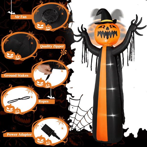Alvantor 9.8 ft Pumpkin Ghost Halloween Inflatable with Rotatable Head, 6 LED Lights and Built-in Blower, Black and Orange
