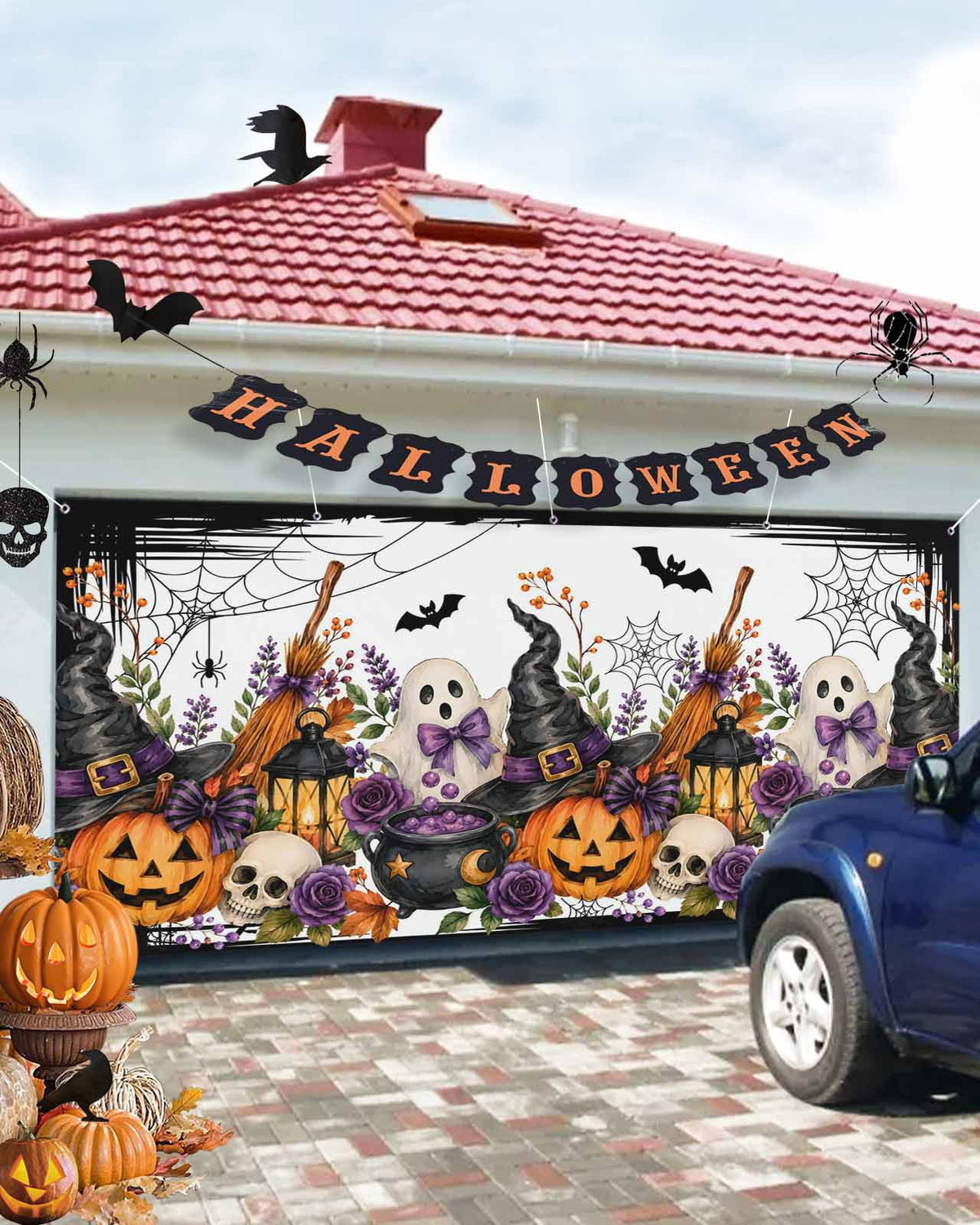 Halloween Garage Door Banner Cover 7 x 16 ft Fall Fantasy Ghosts Wizard Hats Lanterns Bubbling Potions Garage Door Decoration Hanging Garage Door Cover Backdrop Wall Decoration for Outdoor Home Party