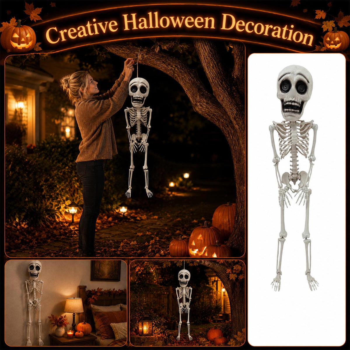 Halloween Full Body Plastic Skeleton Figurine 105cm, Posable Joints Skull Statue with Big Eyes for Spooky Graveyard Haunted House Decor, Halloween Party Prop
