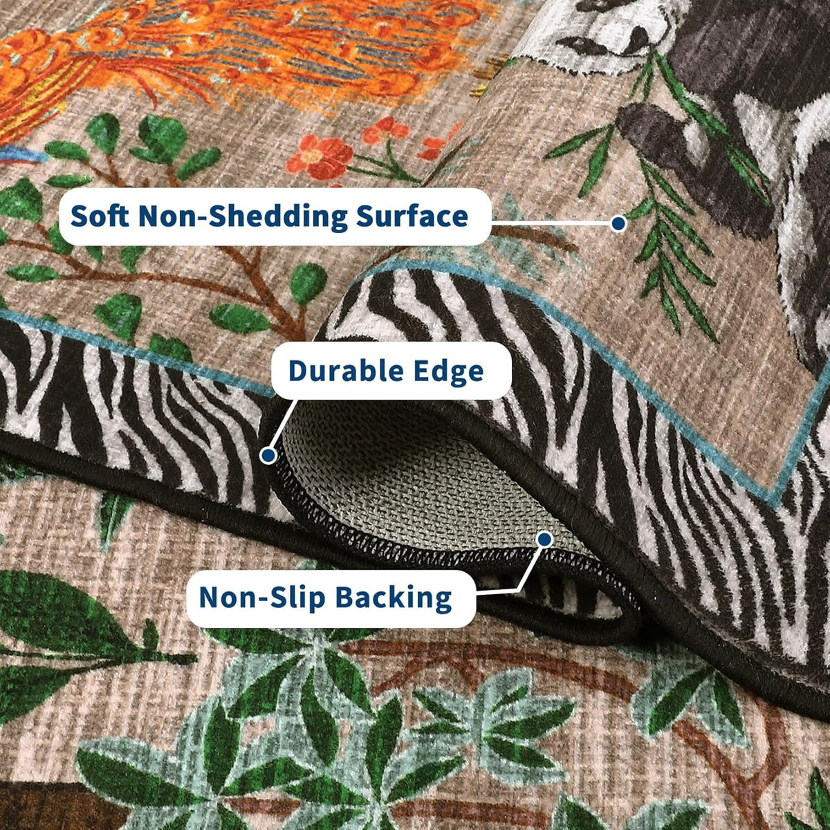 Large Jungle Animal Living Room Rug 10x13 Washable Forest Indoor Rugs for Bedroom Non Slip Foldable Low Pile Modern Floor Mat Stain-Resistant Neutral Carpet for Kids Playroom Dorm Nursery Black