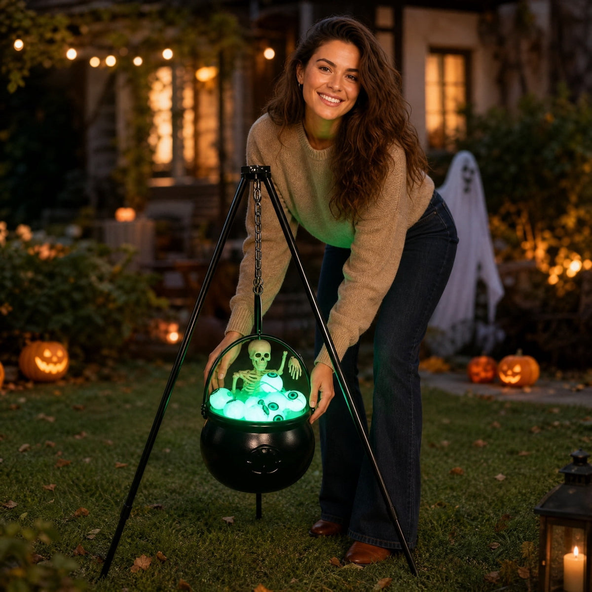 Spooky Halloween Cauldron Decoration 12 Inch with Tripod Stand, Skeleton Glowing Eyeballs, Green Led Light, Witch Pot Prop for Outdoor Yard, Porch, Party, Garden, Patio, Front Door, Indoor Home Decor