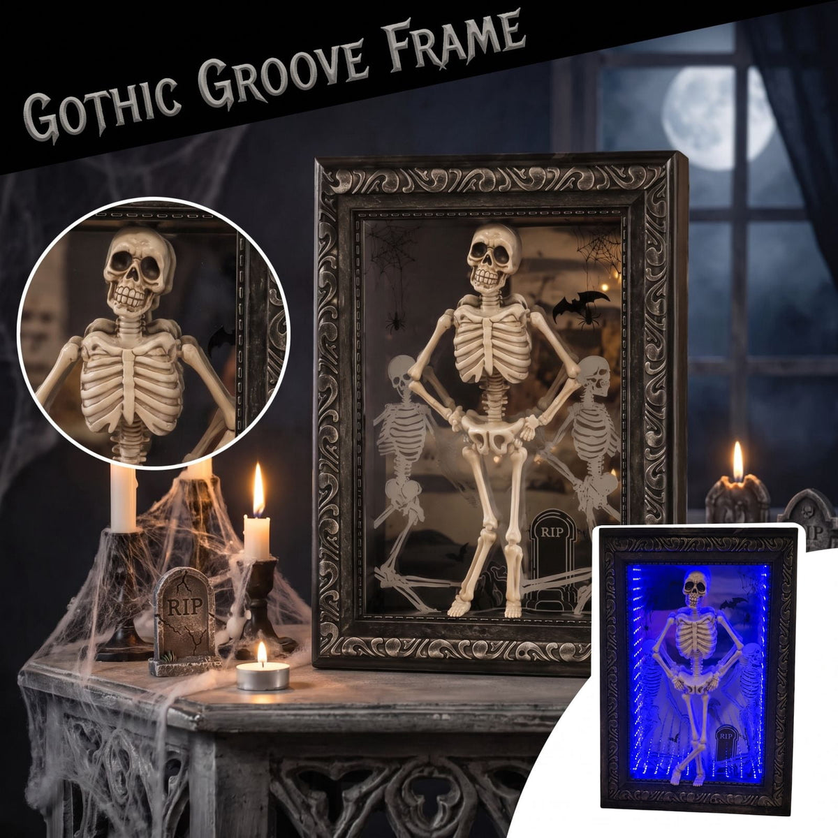 Gothic Dancing Skeleton Picture Frame LED Light Up 11.8 x 7.8in Halloween Table Accent Resin Spooky Figurine Decor for Party Desk Mantle