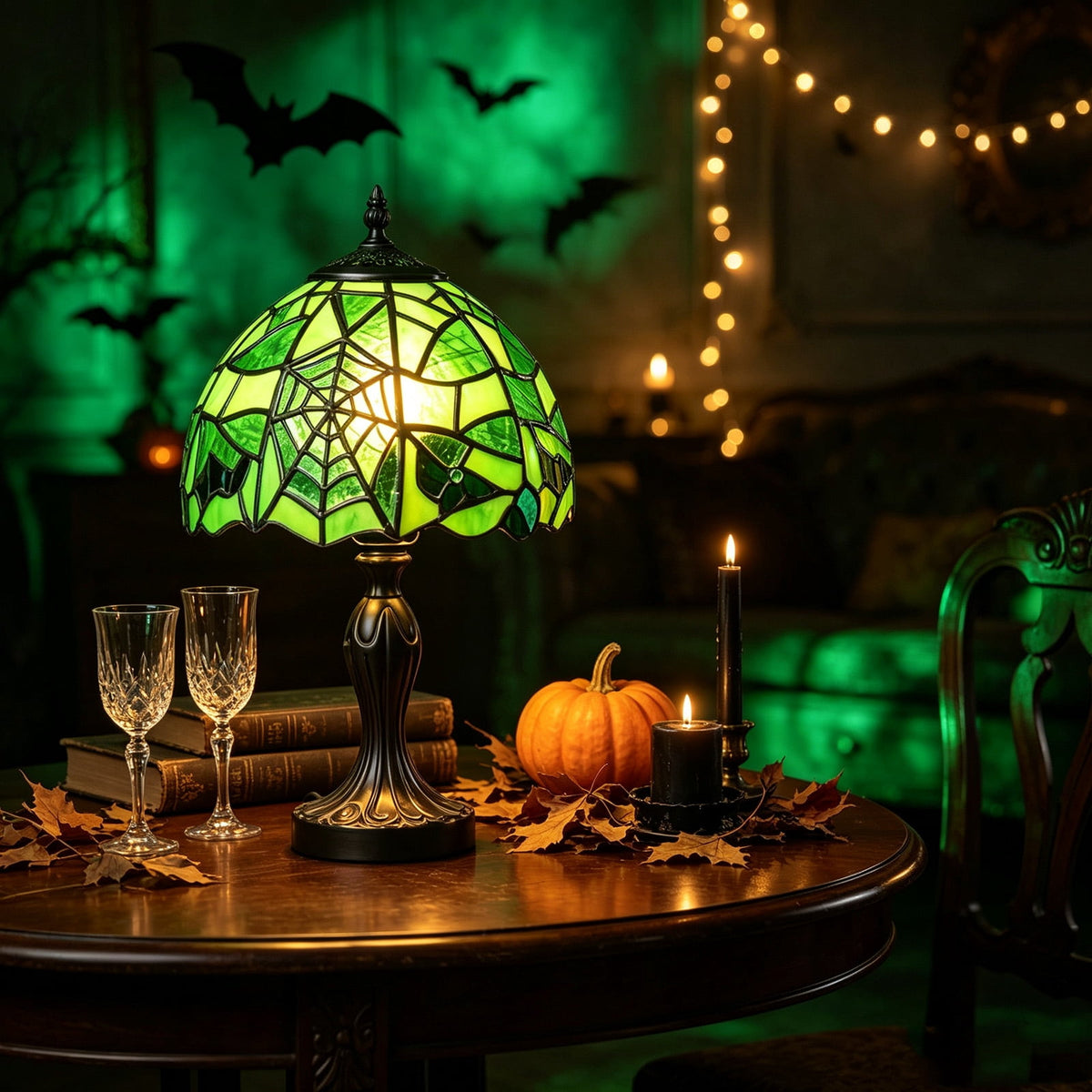 Vintage Style Glass Spiderweb Halloween Lamp, 8" Handmade Spiderweb Pattern Gothic Resin Desk Light, Halloween Decorations Indoor for Bedroom, Living Room, Office (Green)