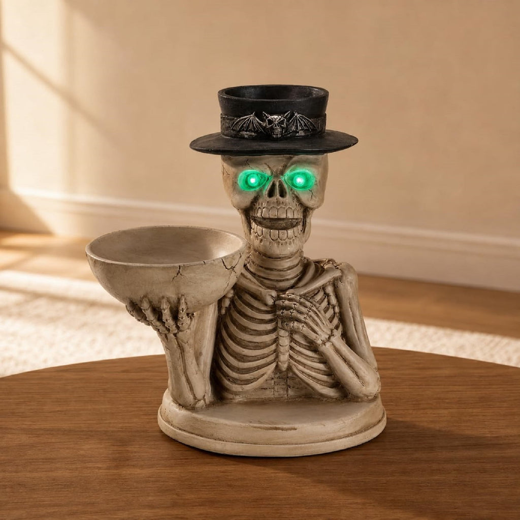 Halloween Ghost Statue with LED Glowing Eyes, Resin Ghost Figurine Tabletop Decor for Indoor Home, Mantel, Shelf, Entryway and Halloween Party Display