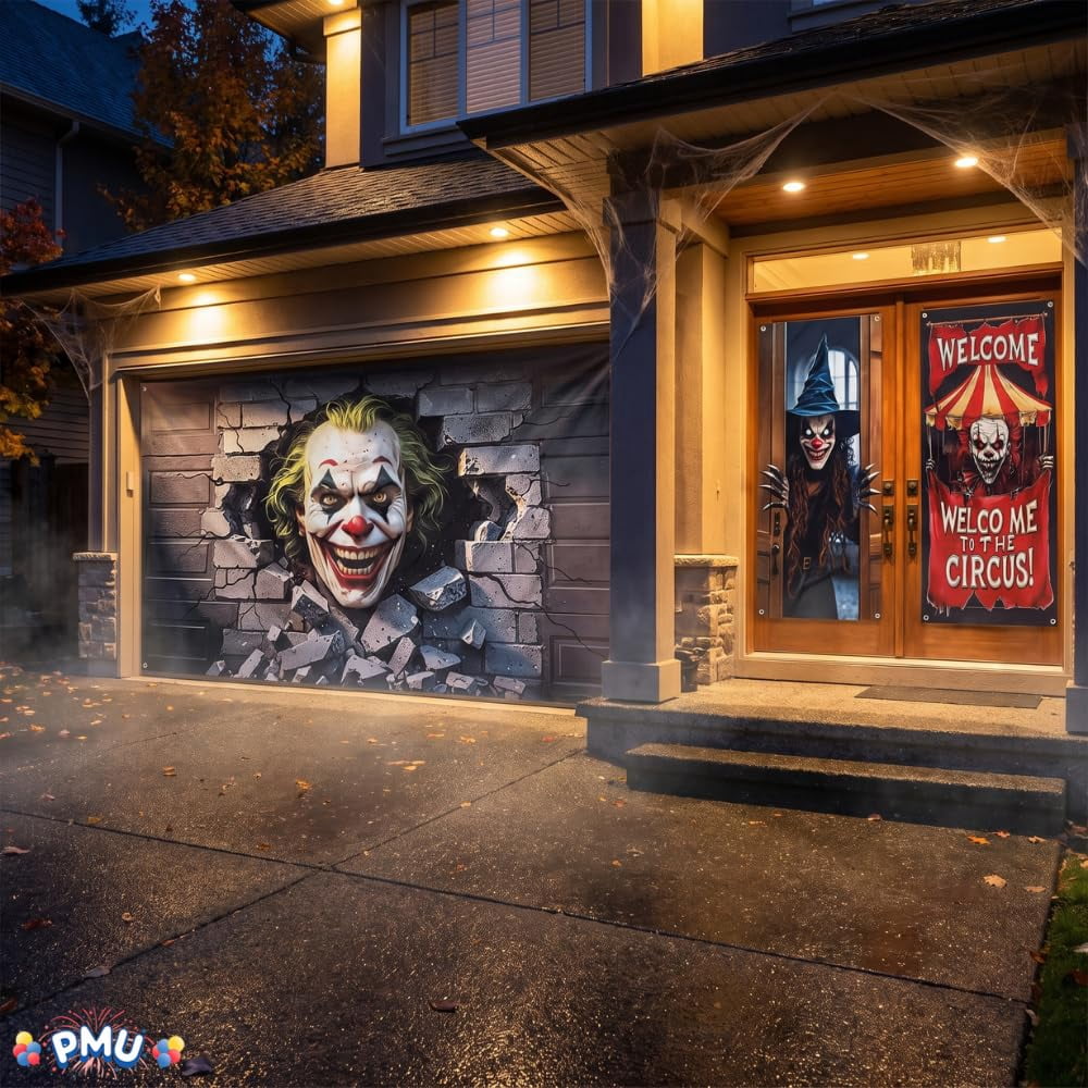 PMU 7-Piece Halloween Garage Door Cover Set, 16 x 7 ft, Skeleton Window & Door Decorations