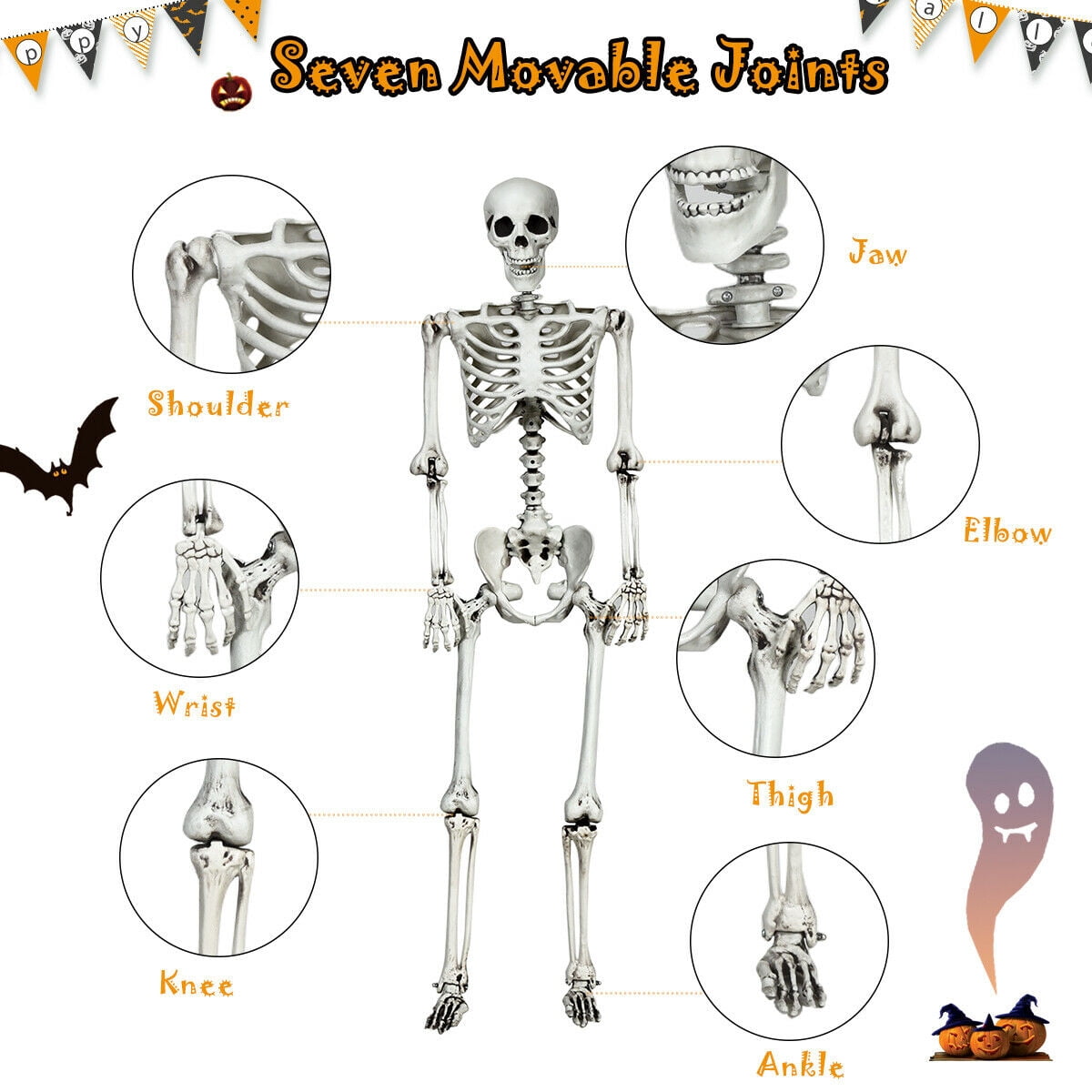 Gymax Full Body Halloween Skeleton 5.4ft Life Size w/ Hanging Rope Movable Joints