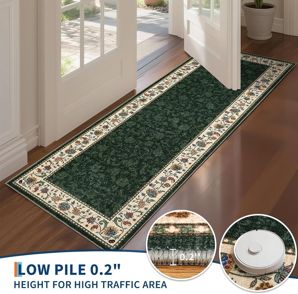 Large Living Room Rug 10x13 Non-Slip Floral Indoor Carpet Washable Floral Bordered Floor Mat Low Pile Non-Shedding Foldable Neutral Bedroom Rugs for Dining Room Nursery Home Office Red