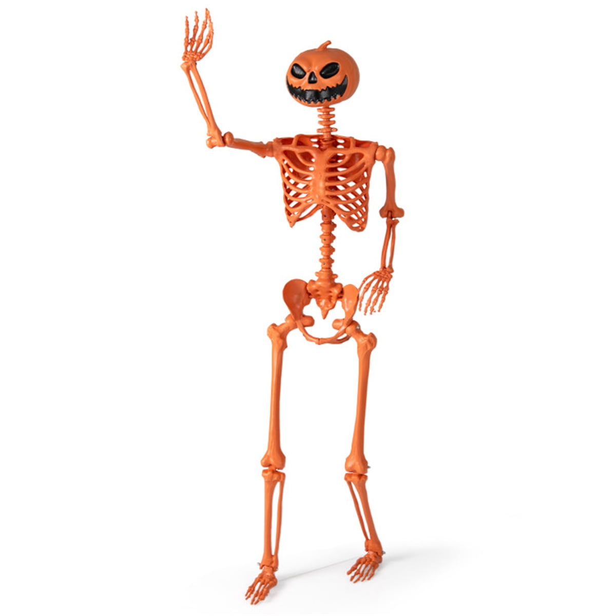 ECOBUY 5.5ft Life-Size Poseable Halloween Skeleton with Pumpkin Head, Orange Full-Body Realistic Decor, Movable Joints for Indoor & Outdoor Scary Display