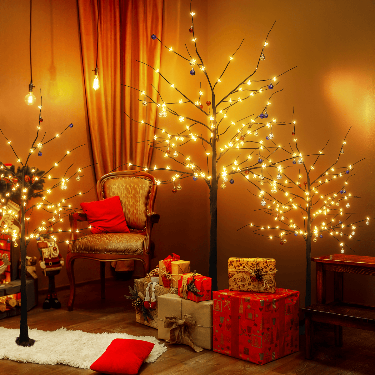LinkRomat 3-Piece 4ft–6ft Pre-Lit Birch Christmas Tree Set with 200 LED Lights and 24 Ornaments, Christmas Decorations for Indoor Outdoor Home, Black