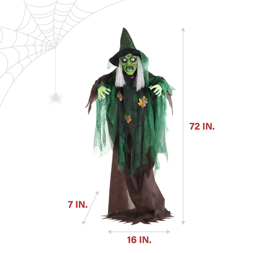 Haunted Hill Farm 6 ft Animatronic Talking Forest Witch with Movement and Lights for Scary Halloween Decoration, HHWITCH-44FLSA