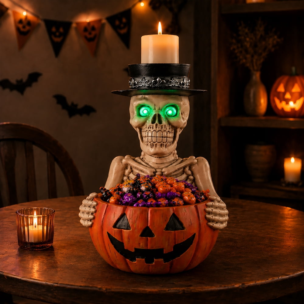 Halloween Skeleton Butler Floor Statue with Serving Tray & Black Cat, Resin Gothic Home Decor for Entryway Porch Living Room