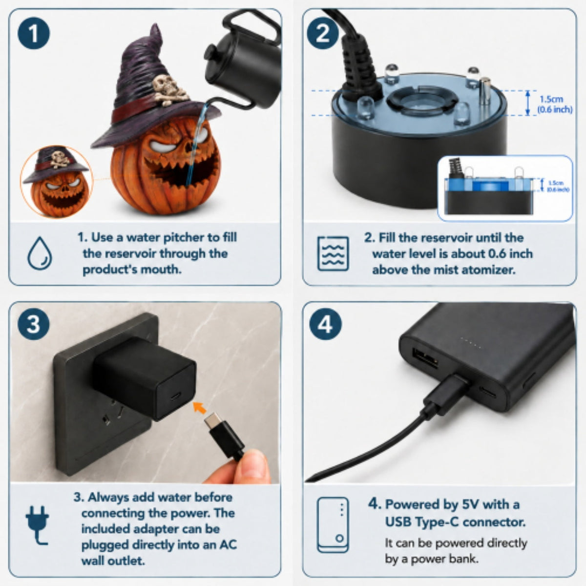 SpookHaven Halloween Jack‑O‑Lantern Pumpkin Mist Sprayer Figurine, LED Light‑Up Fogger with Witch Hat & Skull Decoration, Spooky Ornament for Tabletop Entryway Halloween Party Home Decor
