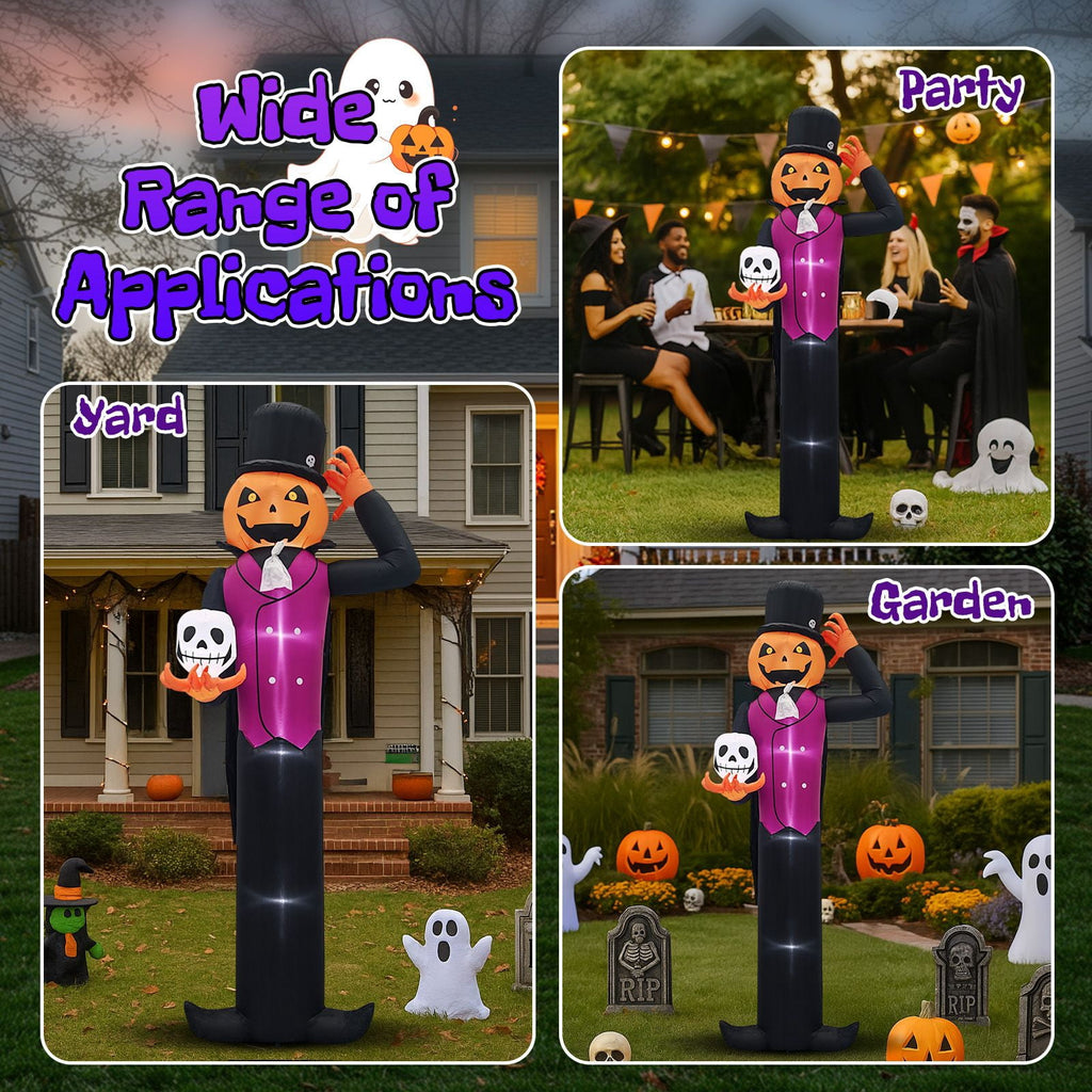 12FT Halloween Inflatable Pumpkin Man Holding Skull Outdoor Decor with Built-in LED Lights Waterproof Polyester Blow Up Yard Ornament