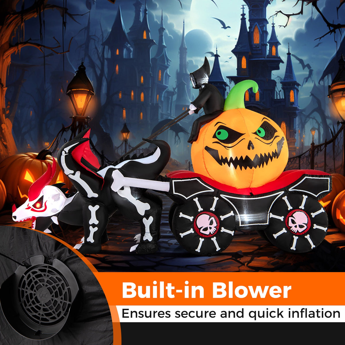 Gymax 9 FT Long Halloween Inflatable Decoration Grim Reaper Driving Pumpkin Carriage