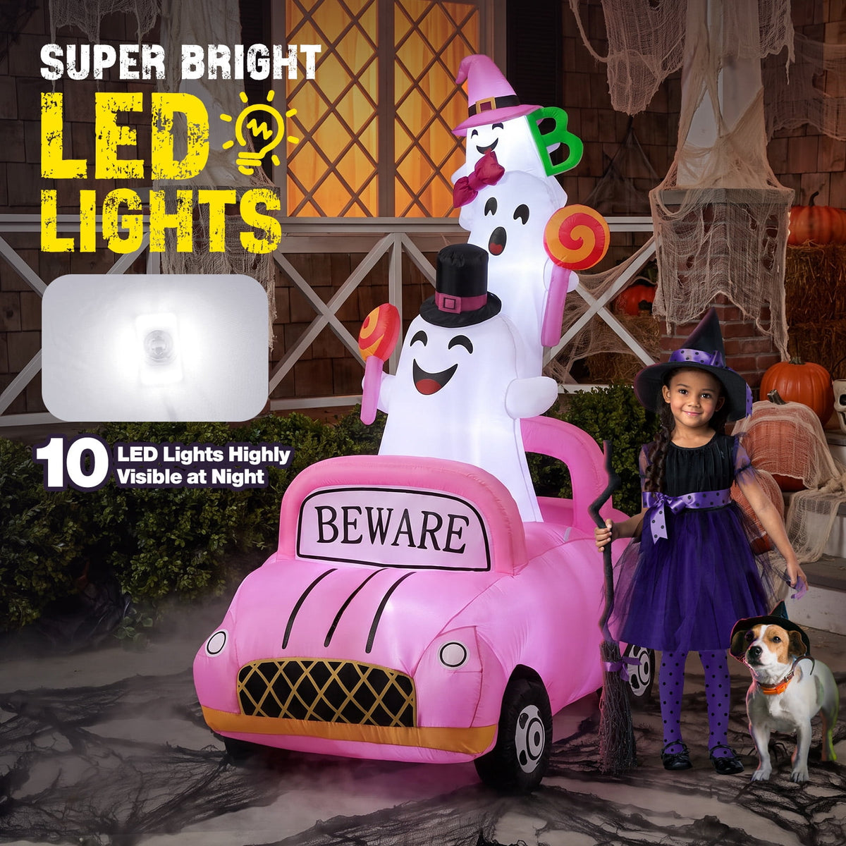 Ayieyill Halloween Inflatables, 8FT Ghost Driving Pink Car Halloween Decor Outdoor, Monster Truck Blow Up Yard Decorations