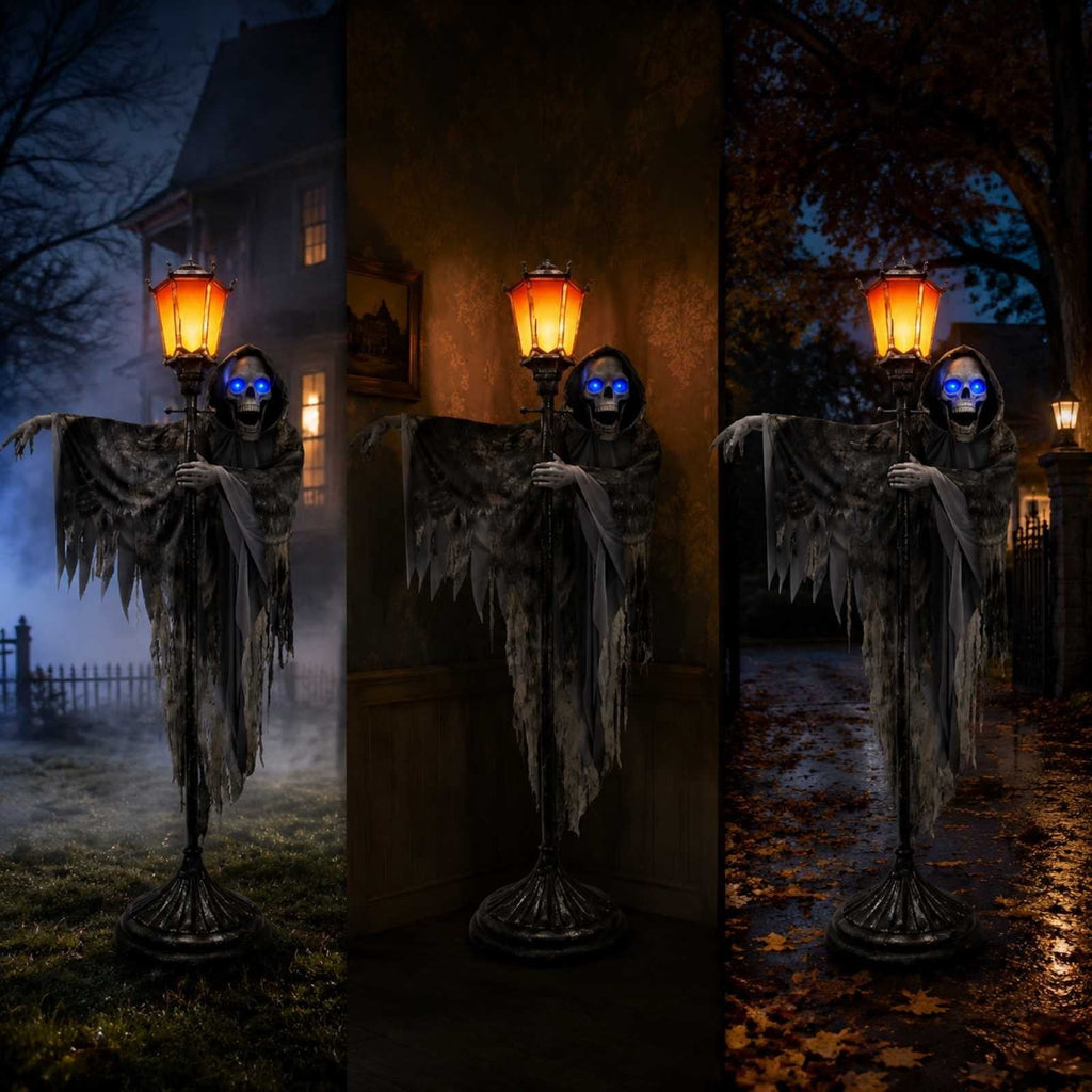 Halloween Ghost Street Lamp Decoration, Lighted Skeleton Ghost Prop with Blue Glowing Eyes, Standing Tattered Robe Figure for Porch Front Door Yard Outdoor House Party Decor