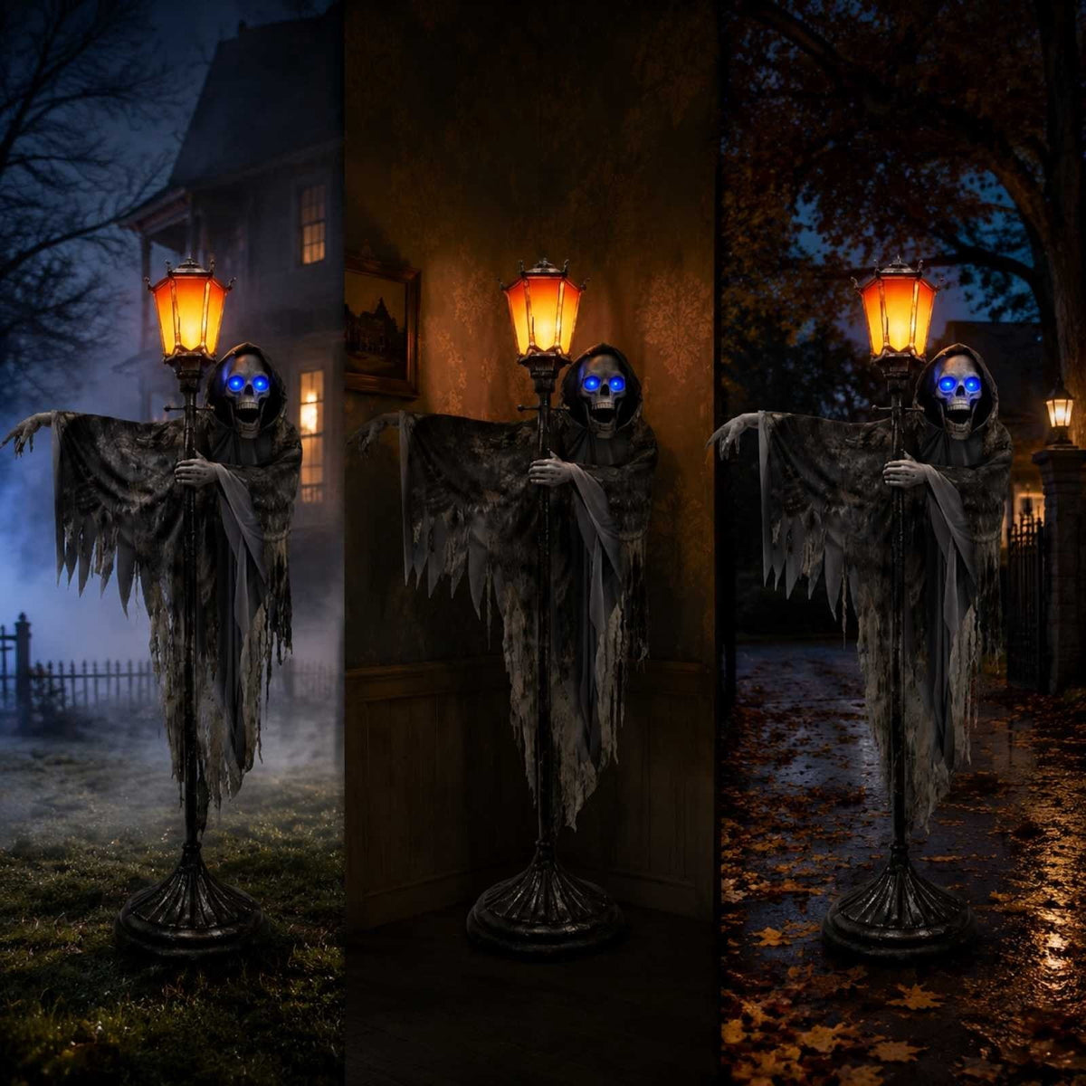 Halloween Ghost Street Lamp Decoration, Lighted Skeleton Ghost Prop with Blue Glowing Eyes, Standing Tattered Robe Figure for Porch Front Door Yard Outdoor House Party Decor