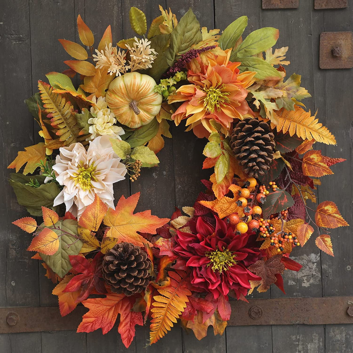 24 Inch Fall Wreaths for Front Door Outside, Fall Door Wreath with Pumpkins,Dahlia,Sunflowers, Maple Leaves,Autumn Wreaths Decorations for Harvest Thanksgiving Halloween Indoor Outdoor Home Decor