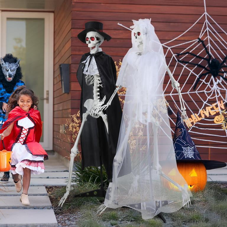 Floseru Halloween Skeleton Bride and Groom, Life Size 65 Inch Couple Set with Sound and Light Effects, Poseable Joints, for Spooky Party Decoration
